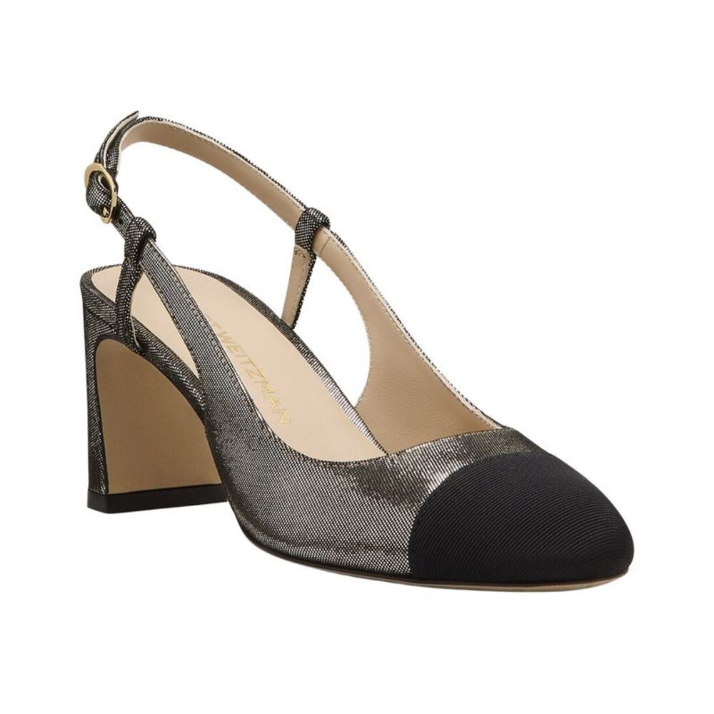 Stuart Weitzman Babette Cap-Toe Leather & Grosgrain Slingback 60 Pump, Gold